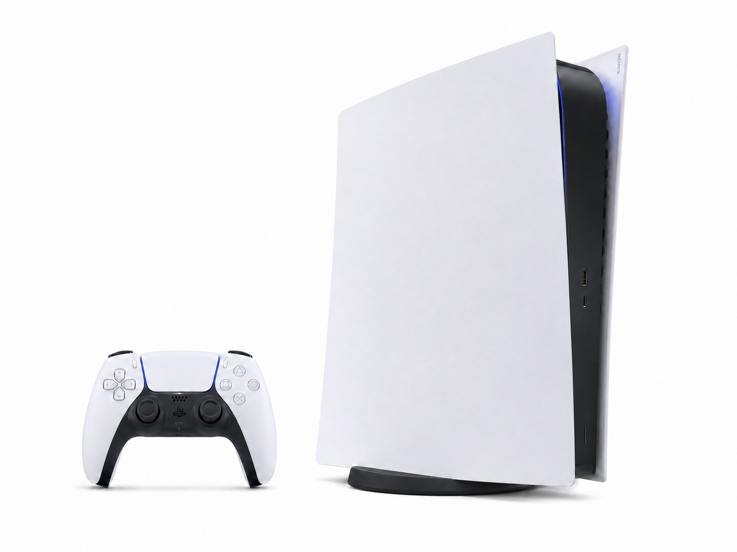 A clean white PlayStation-style console carrying reserved brand stickers
